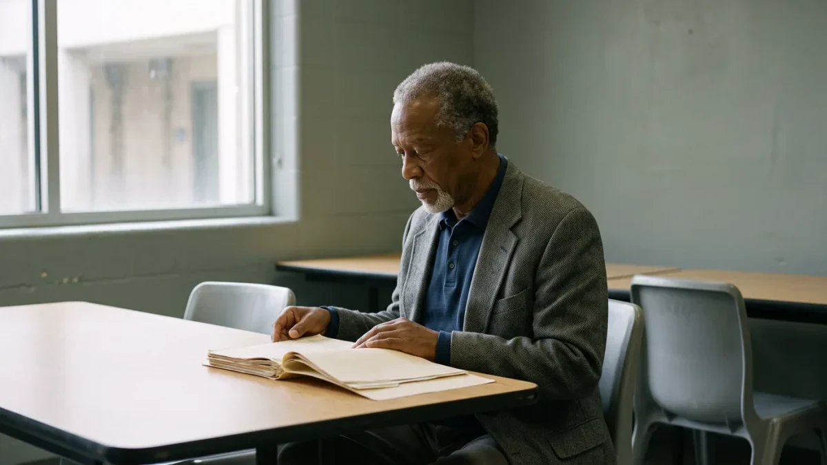 Older man in civilian clothes reviewing paperwork at a plain table before a hearing