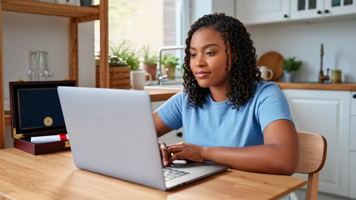 Graduate reading a student loan notice on a laptop at a kitchen table