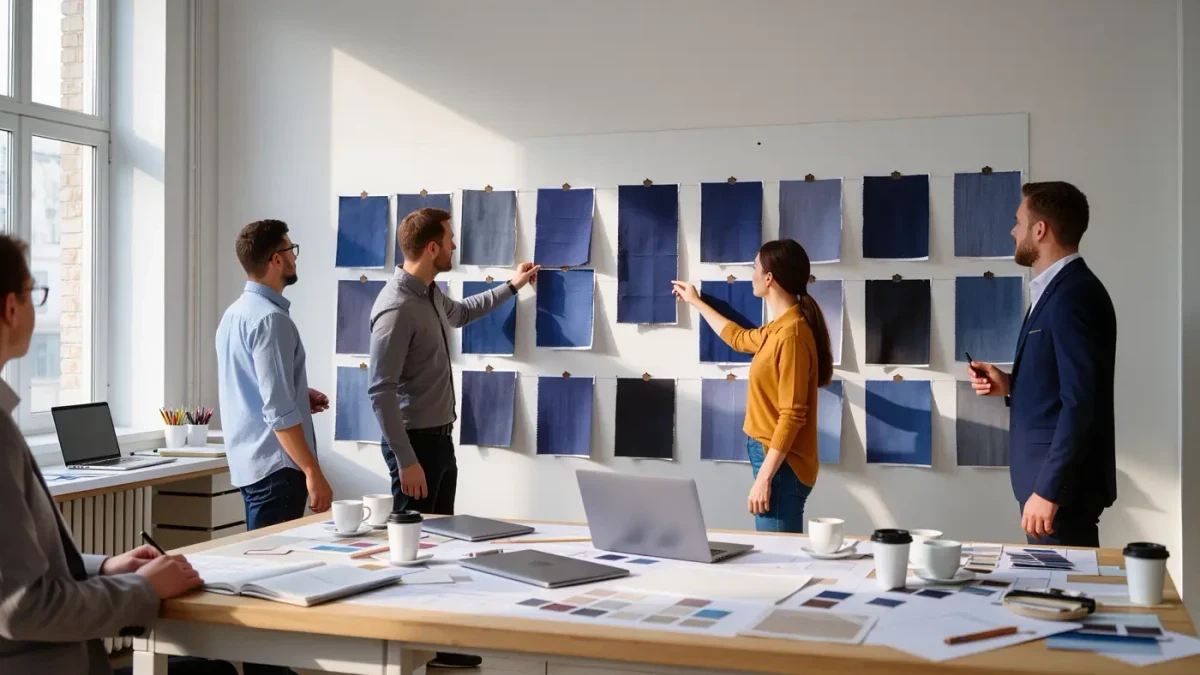 Design team reviewing deep sapphire blue swatch cards pinned to a studio wall