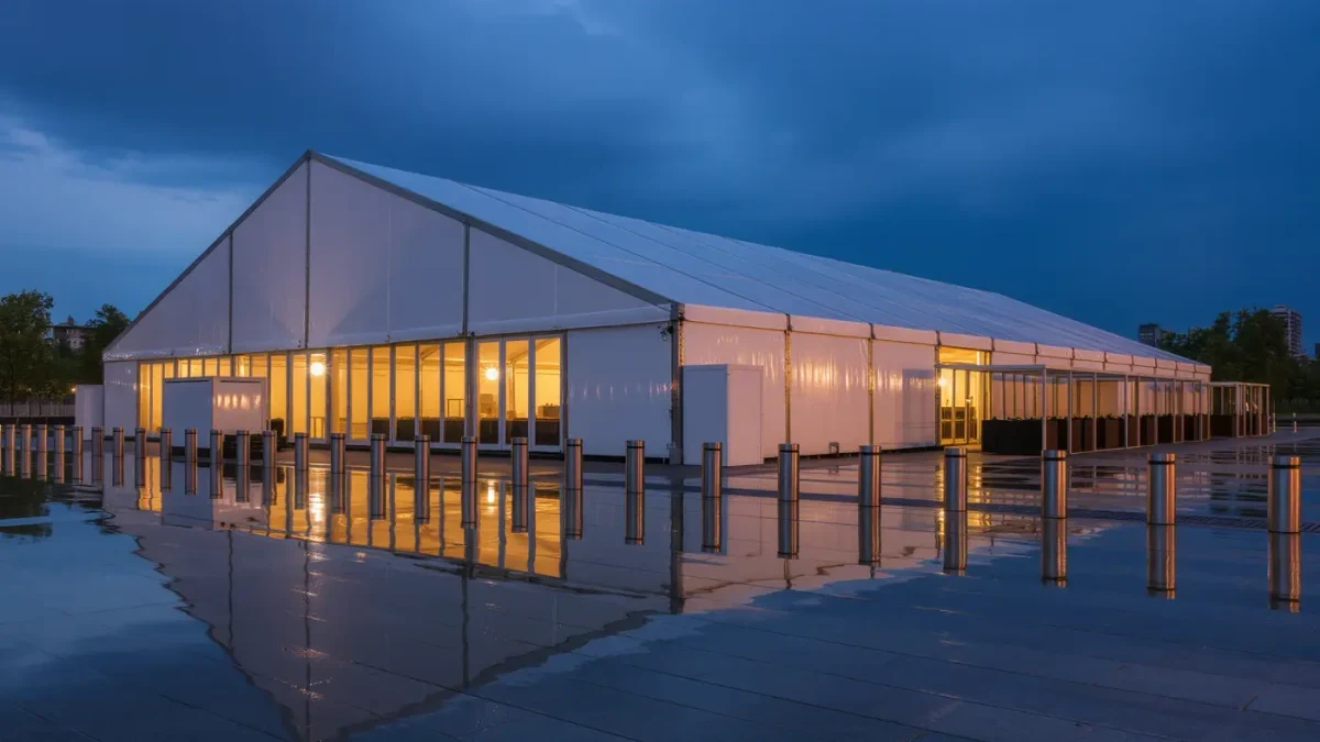 Temporary white art fair pavilion glowing at dusk beside empty walkway