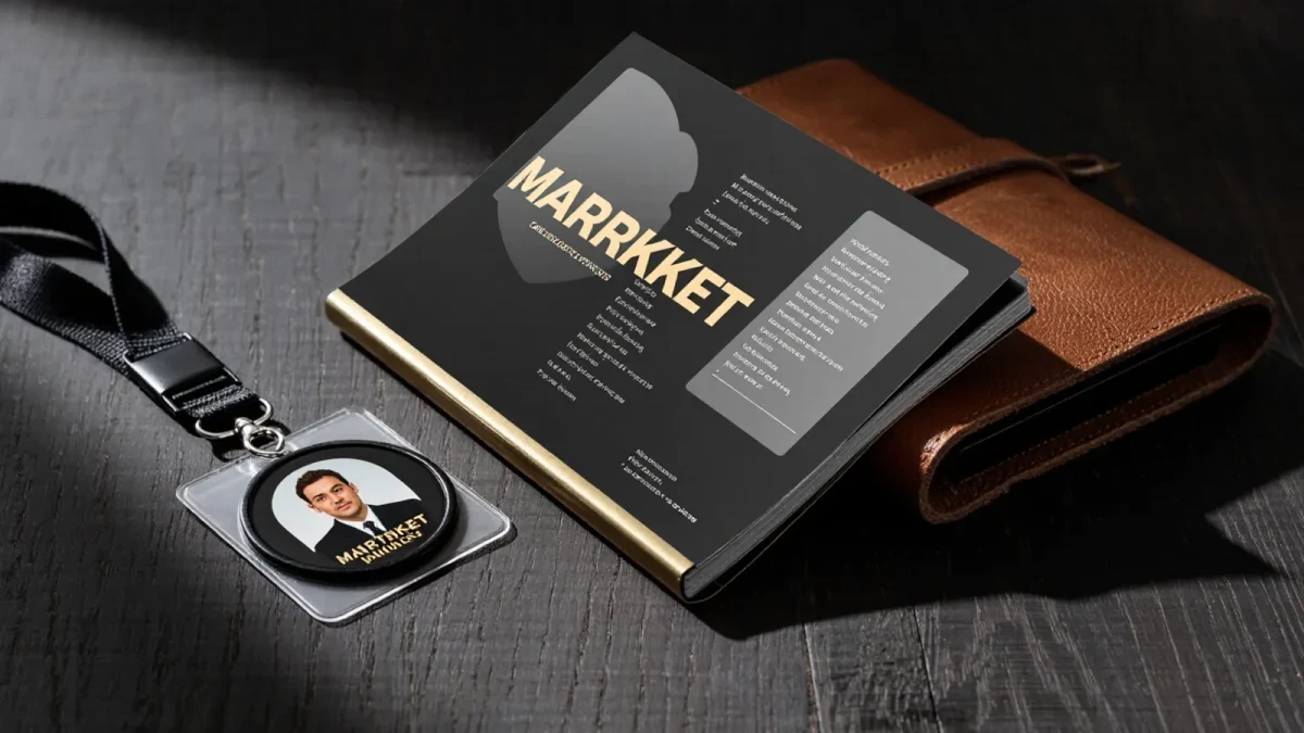 Close-up of film market badges and a rights catalog on a desk
