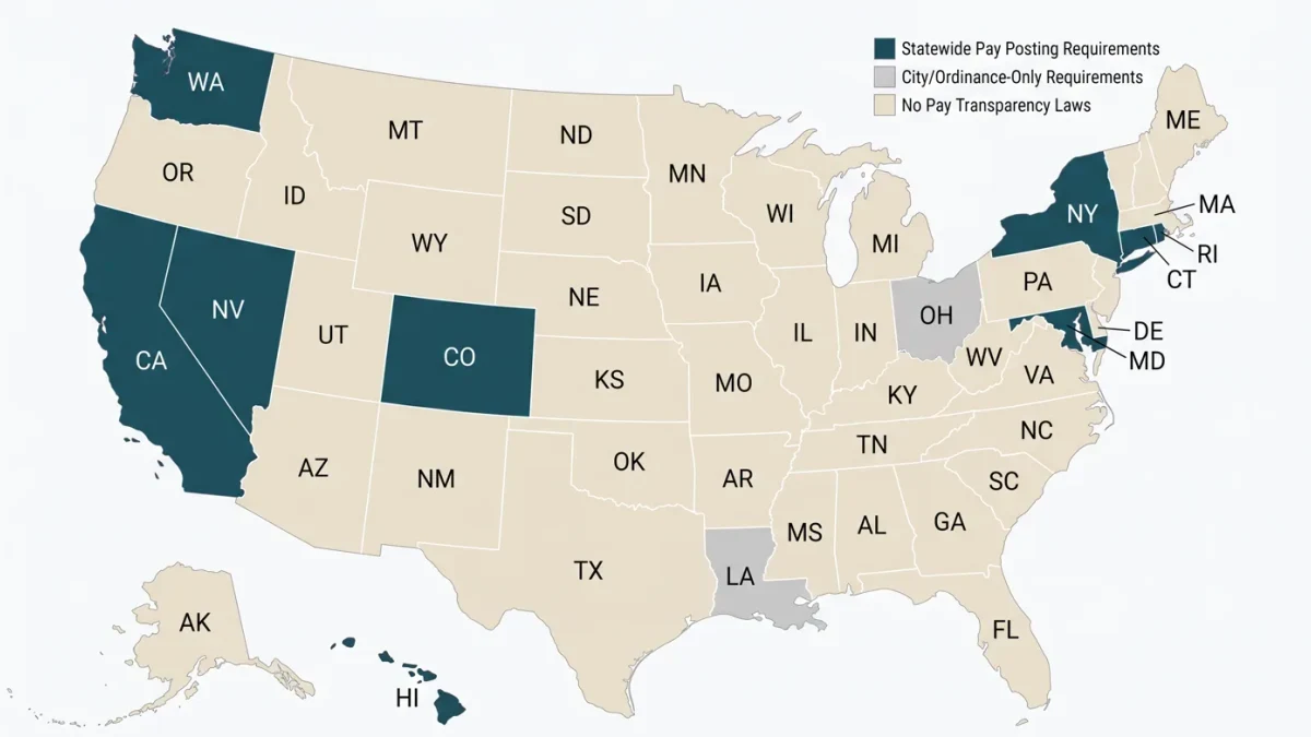 United States map shaded by states with pay range posting laws