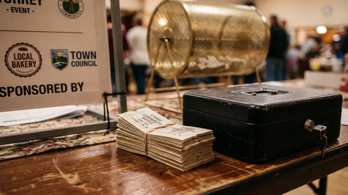 Close-up of event tickets and a cash box on a community-hall table