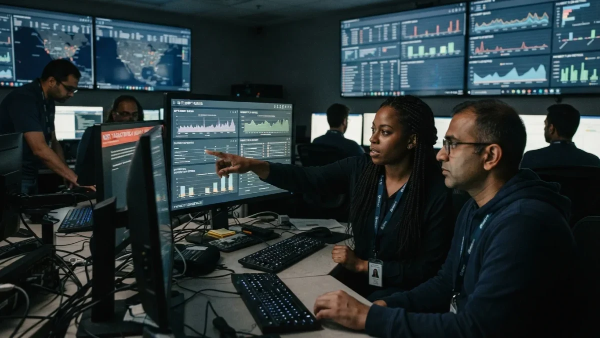 Engineers monitoring instant payment settlement dashboards in a network operations center