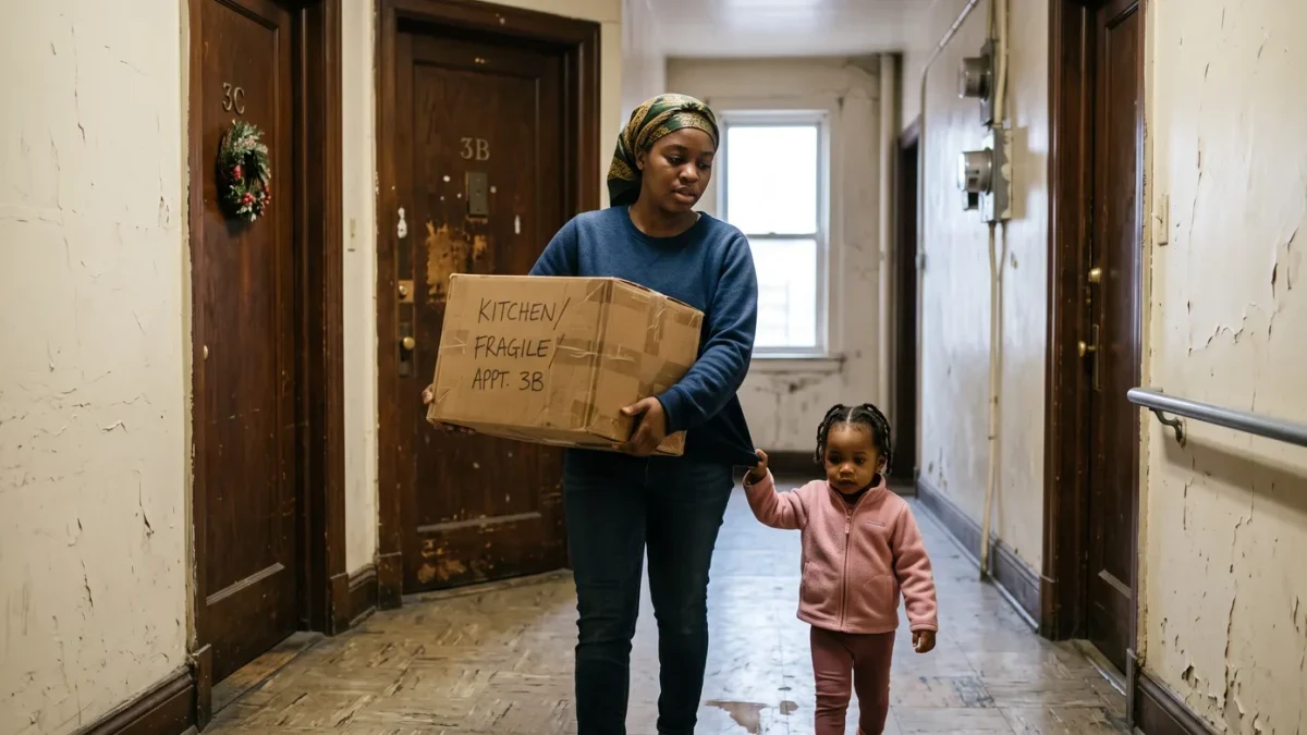 Young mother with a toddler carrying moving boxes past apartment doorways