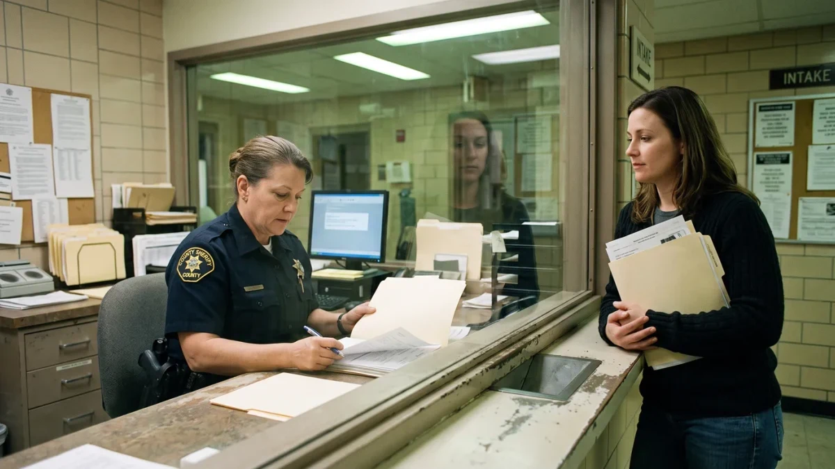 County jail intake counter with a booking officer processing paperwork