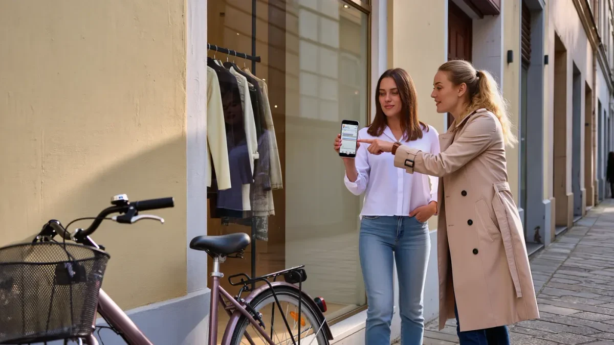 Two friends comparing phones outside a small fashion boutique on a city street