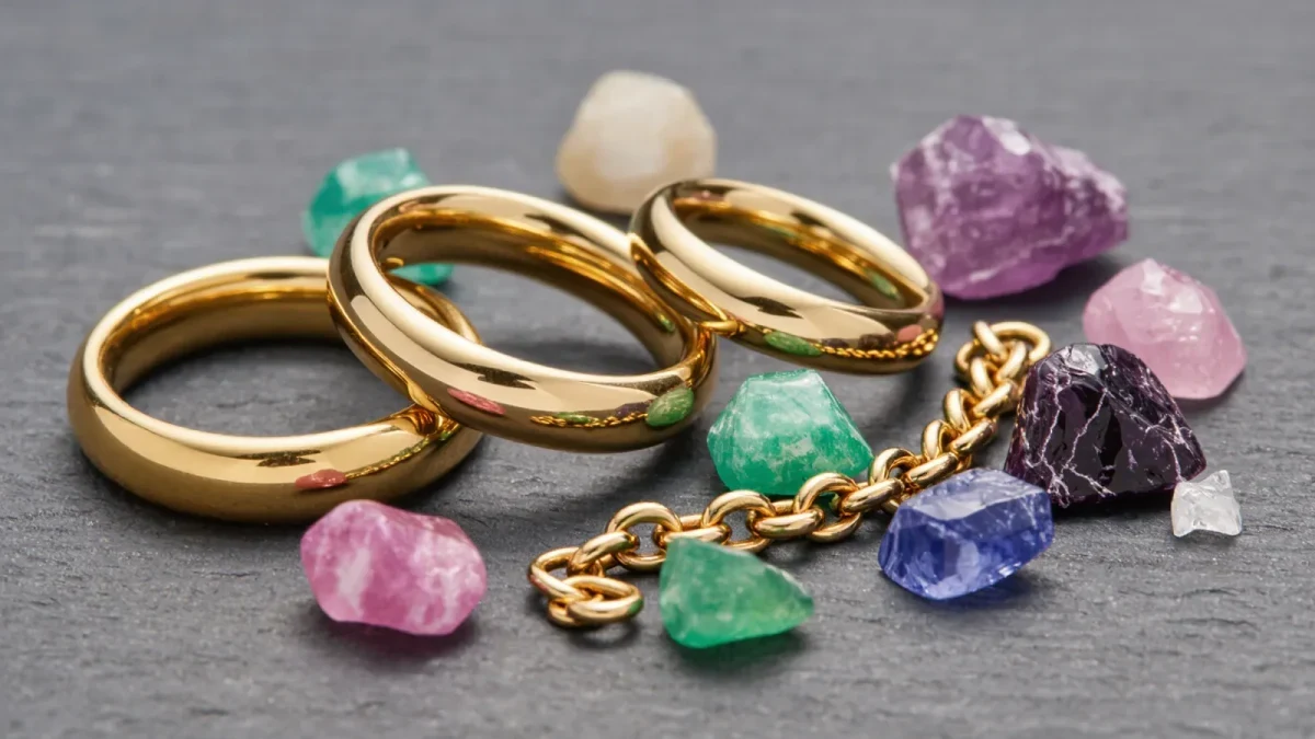 Unbranded gold rings and rough gemstones under studio light