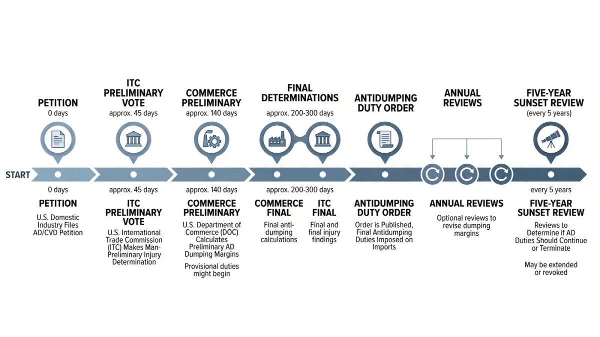 Infographic timeline of antidumping case stages from petition to order