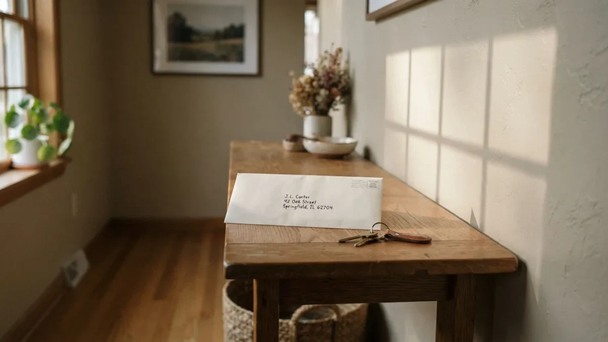 Photojournalistic scene of a sealed annual envelope on a hallway table