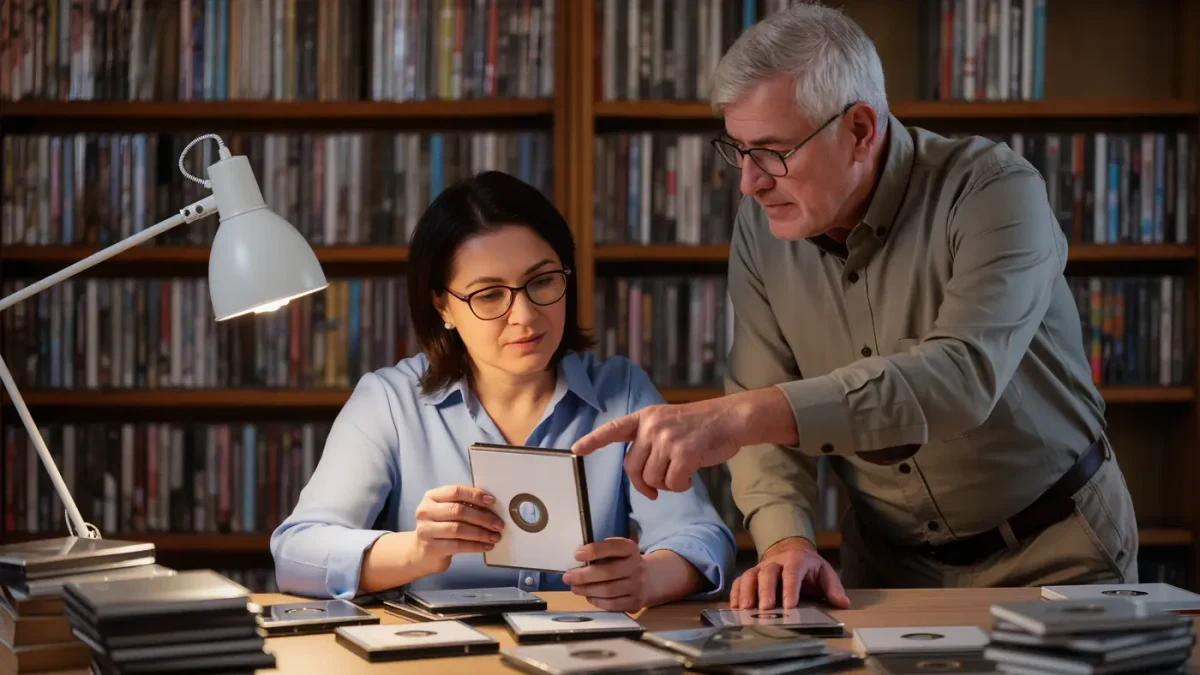 Collector comparing two disc cases under a desk lamp