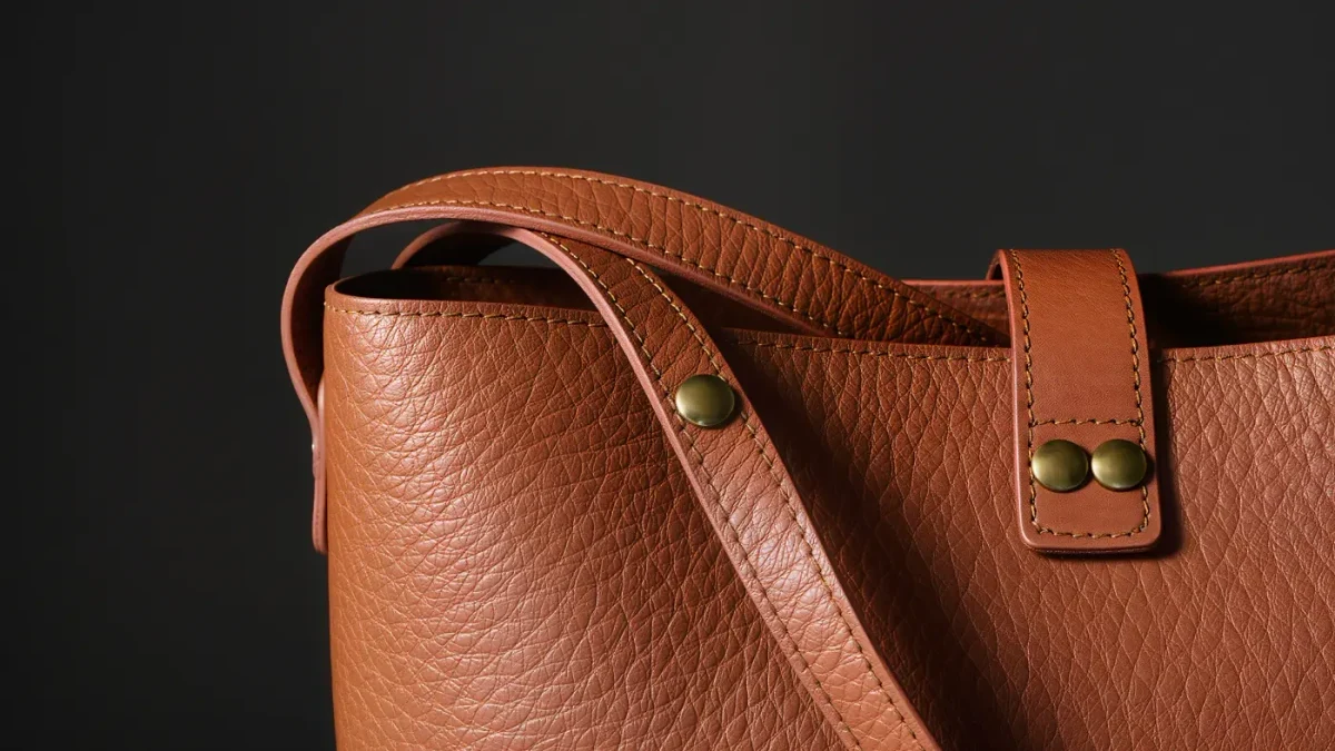 Close-up of pebbled leather tote bag strap anchor with riveted hardware detail