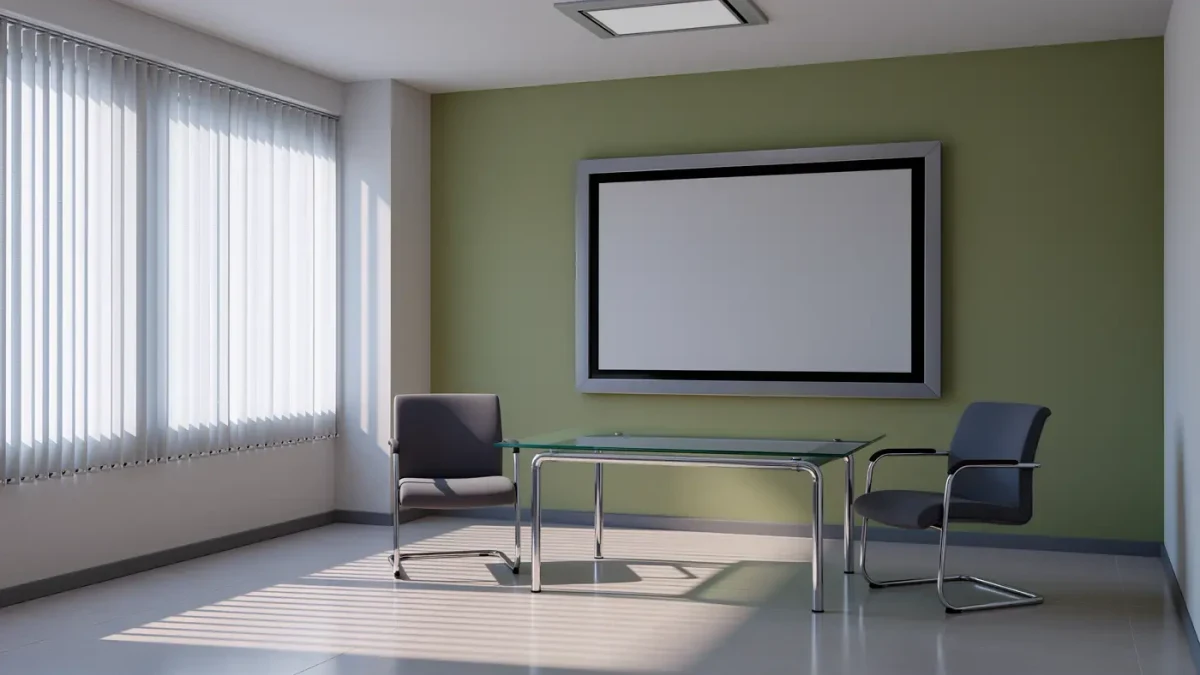 Empty interview room with two chairs facing a screen