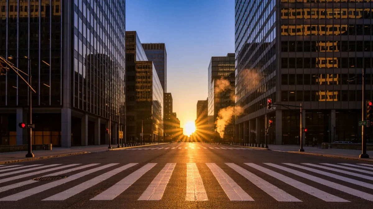 Empty New York street at sunrise with skyscrapers and long shadows