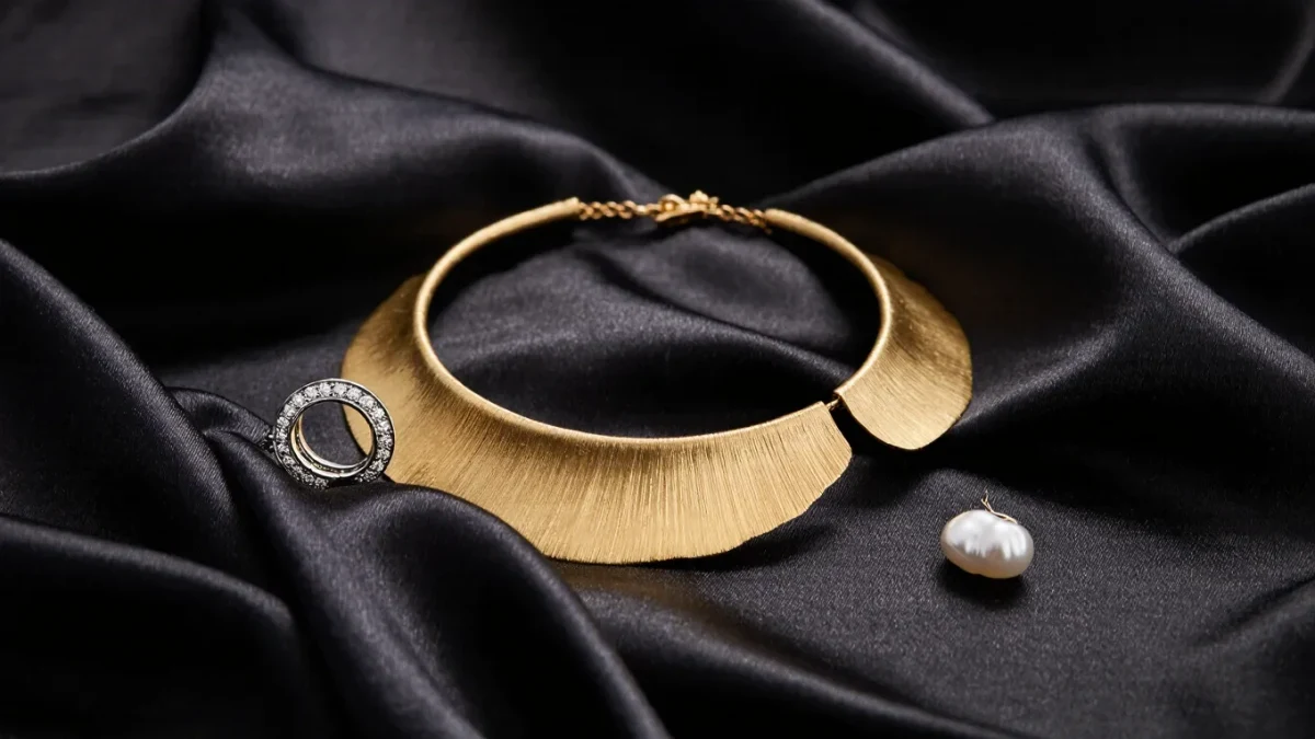 Macro close-up of sculptural gold necklace and diamond ear cuff