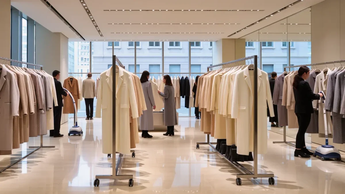 Shoppers browsing a quiet luxury boutique floor in daylight