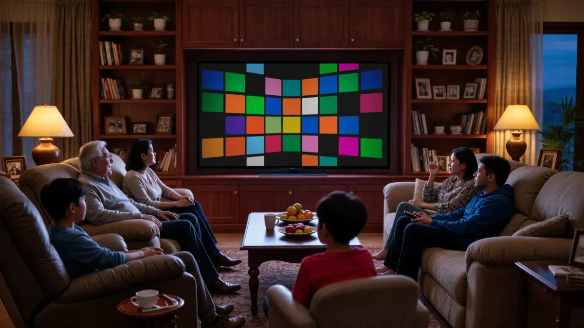Family in living room choosing between streaming options on large screen