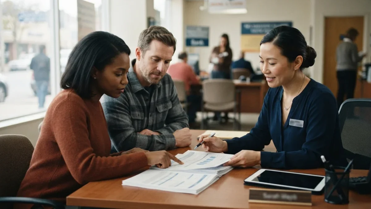 Couple reviewing loan documents with a bank officer at a desk