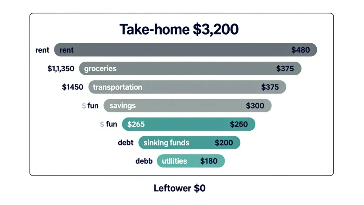 Infographic showing $3,200 of income fully assigned across budget categories to zero