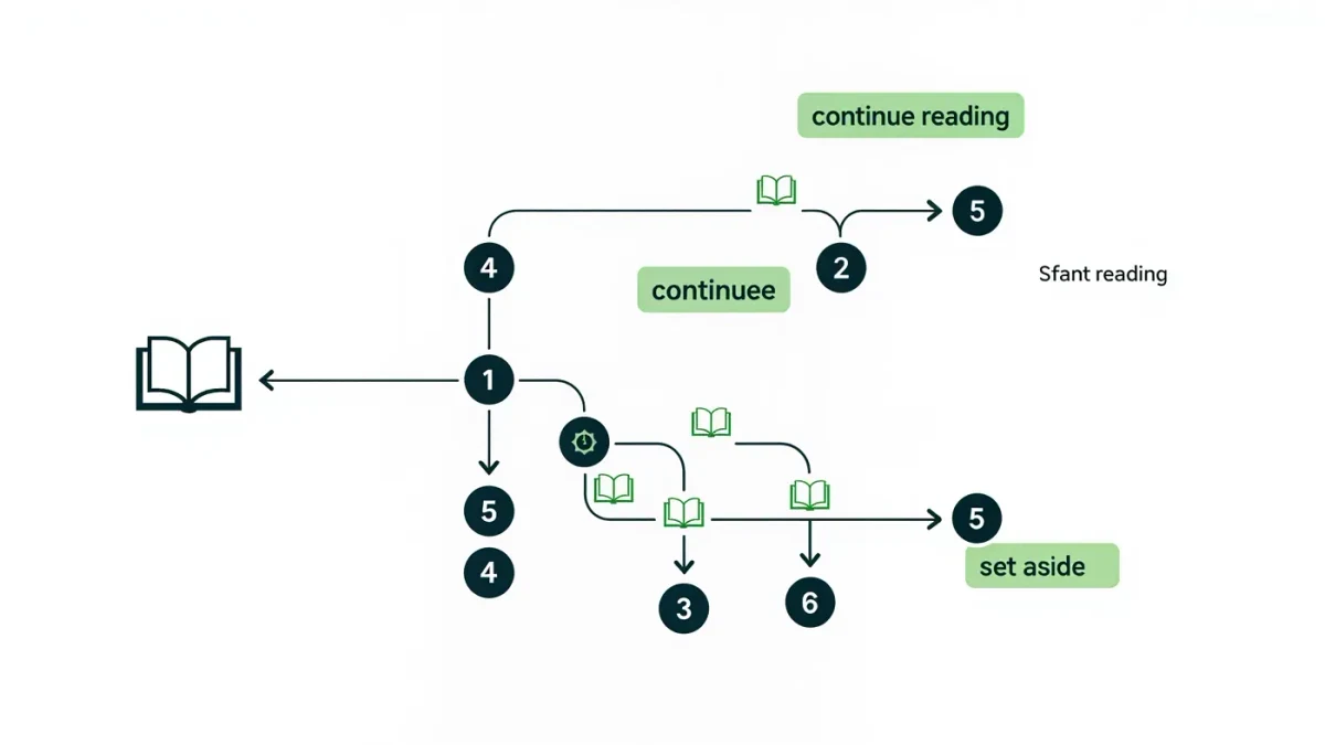 Infographic flow of sampling a book then continuing or setting it aside