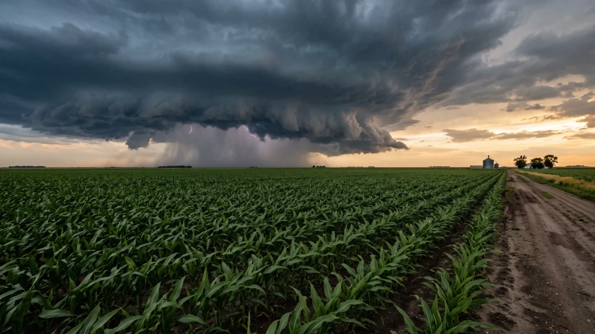 Storm front building over flat insured cropland at dusk