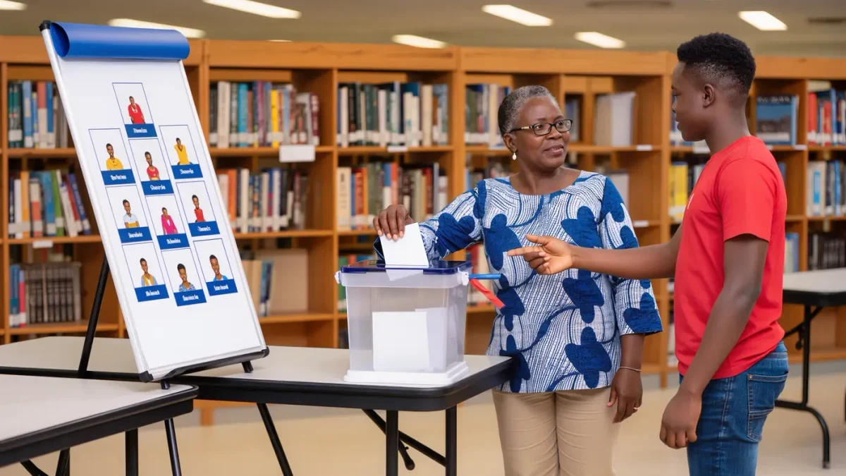 Resident casting a ballot at a library voting table