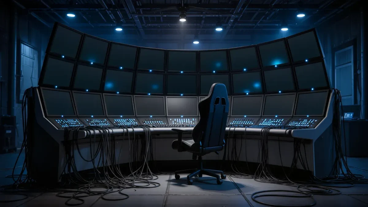 Empty broadcast control room with a wall of dark monitors after an event