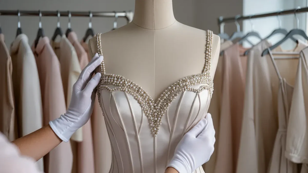 Conservator inspecting beaded gown on a dress form in archive