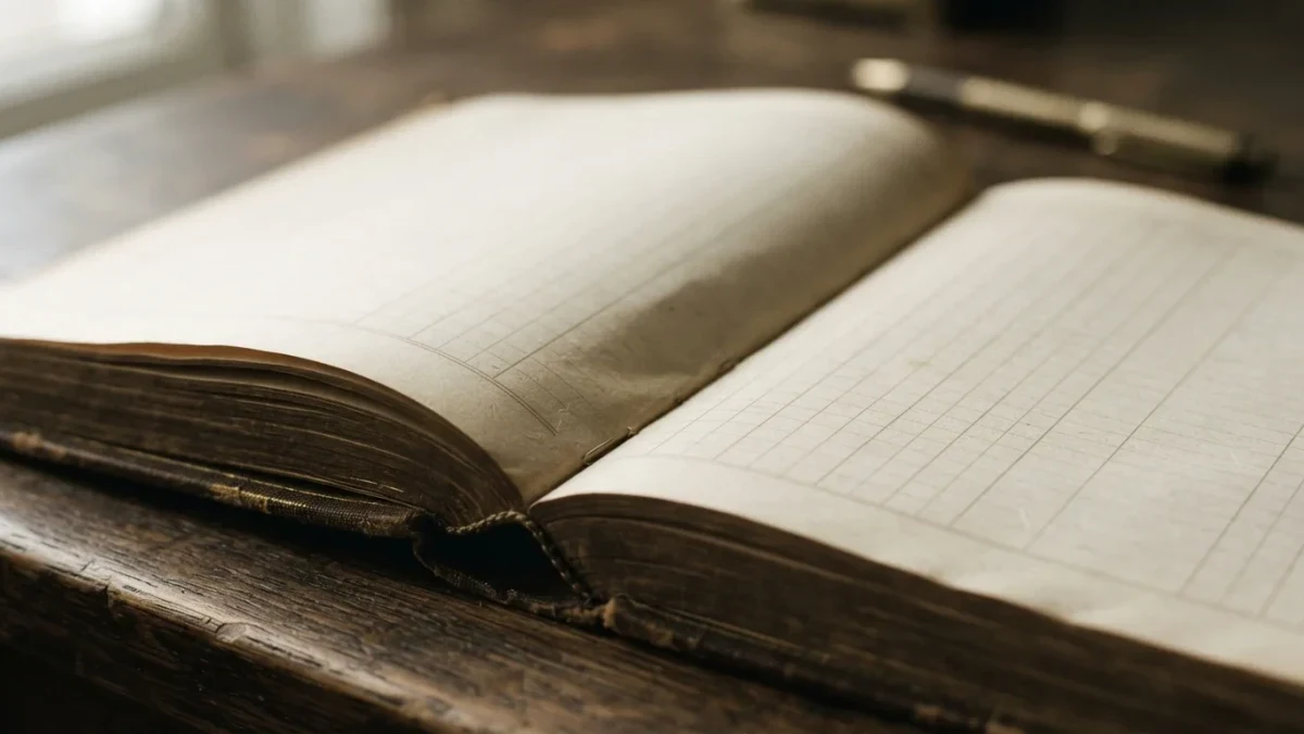 Macro photograph of a thick bound ledger with blank ruled columns