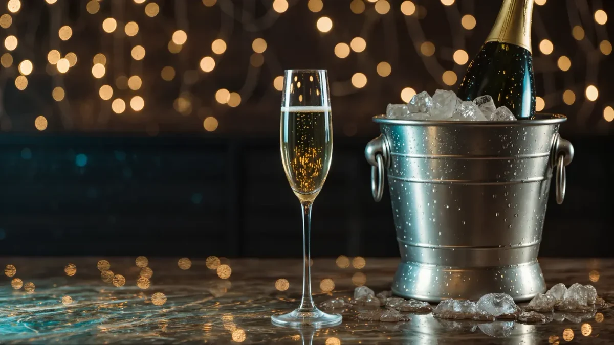 Champagne coupe and melting ice bucket on dark bar at late-night party