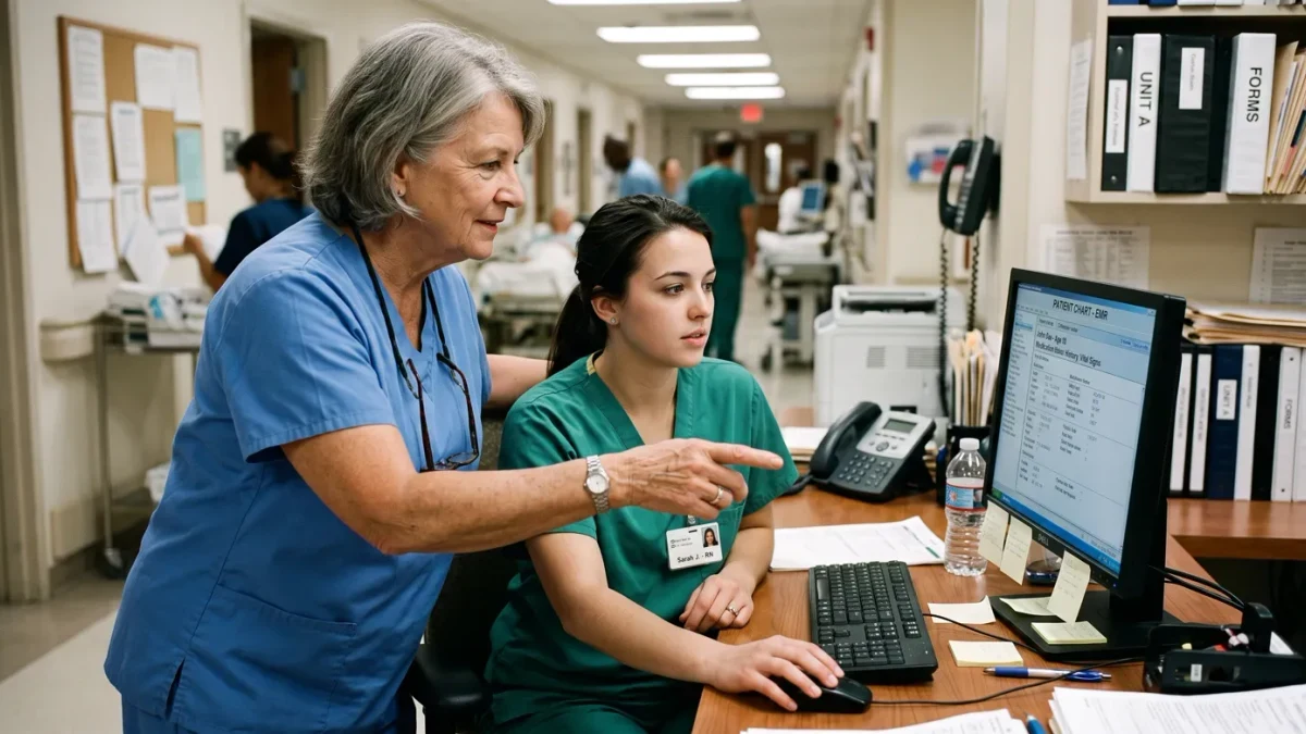 Veteran nurse and young colleague reviewing a chart at a station