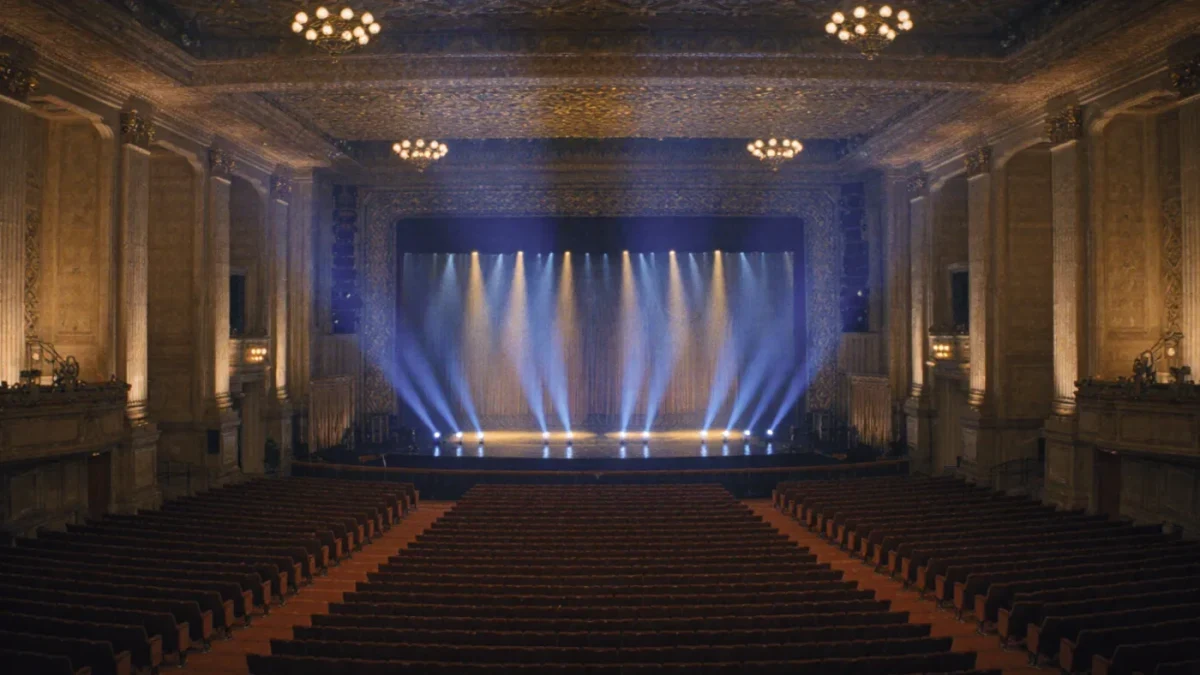 Empty grand casino-hall theater auditorium with stage lighting before a convention