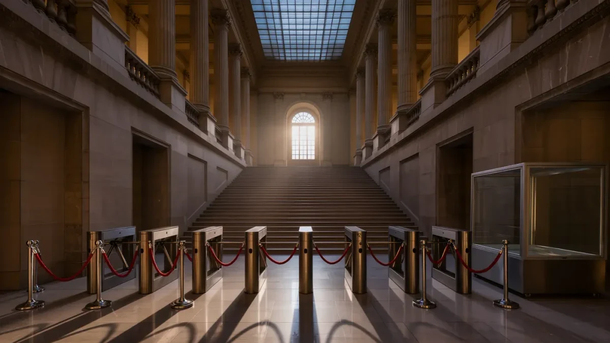 Empty museum ticketing hall with grand marble staircase at closing time