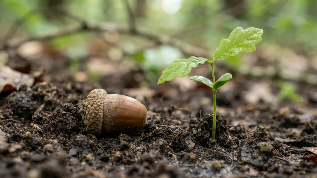 Macro shot of an acorn and a tiny green seedling in dark soil