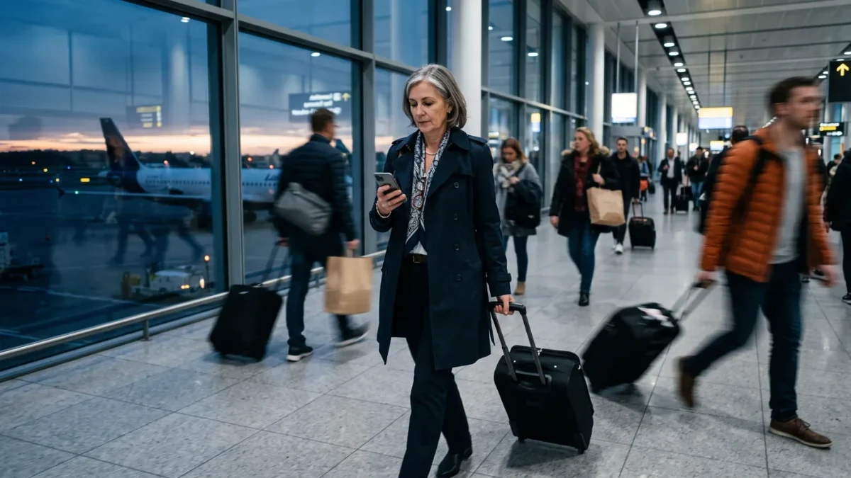 Traveler with roller bag and laptop in airport terminal at dawn