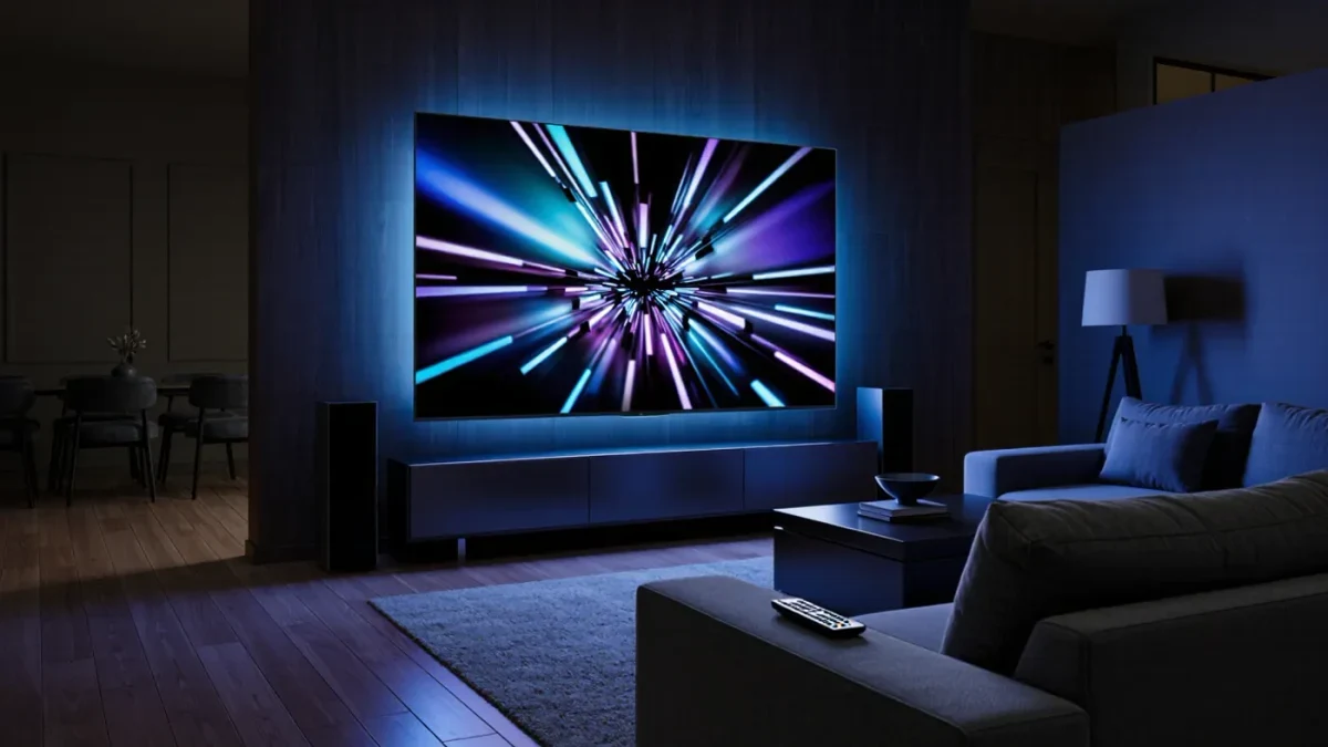 Living room television showing streaming rows at night