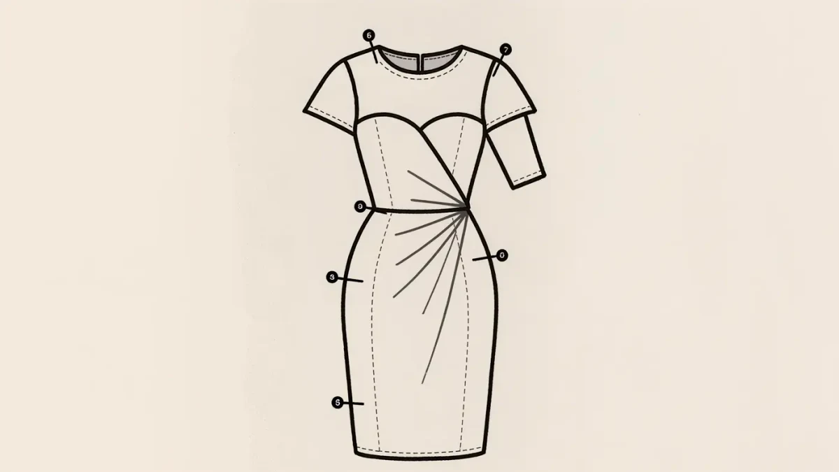 Technical diagram of a sculptural dress with minimal seam lines numbered