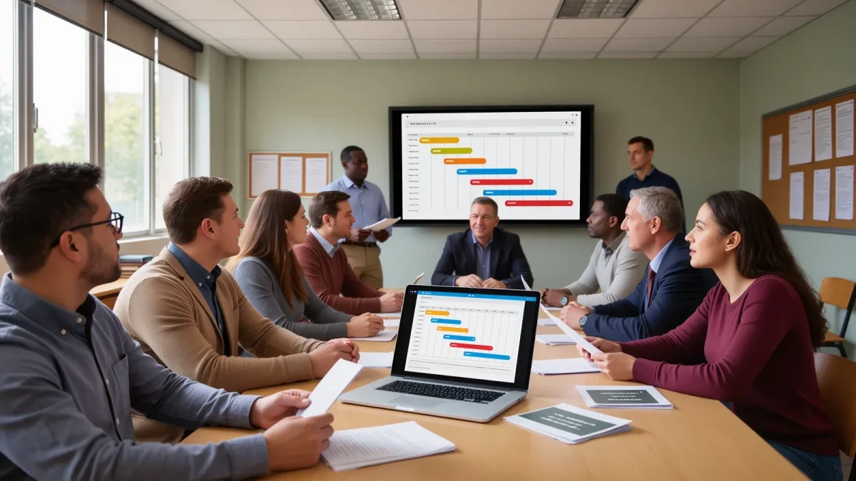 School administrators reviewing vendor proposals around a conference table