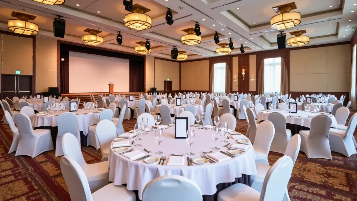Empty event ballroom with place cards set at rounds