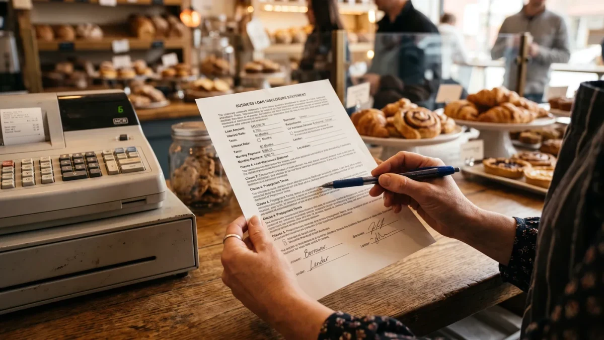 Close-up of bakery owner's hands reviewing loan documents by register