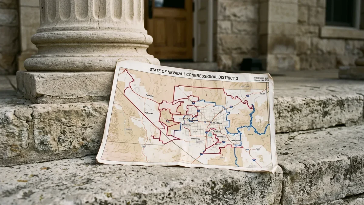 Congressional district map shapes rearranged beside a courthouse column