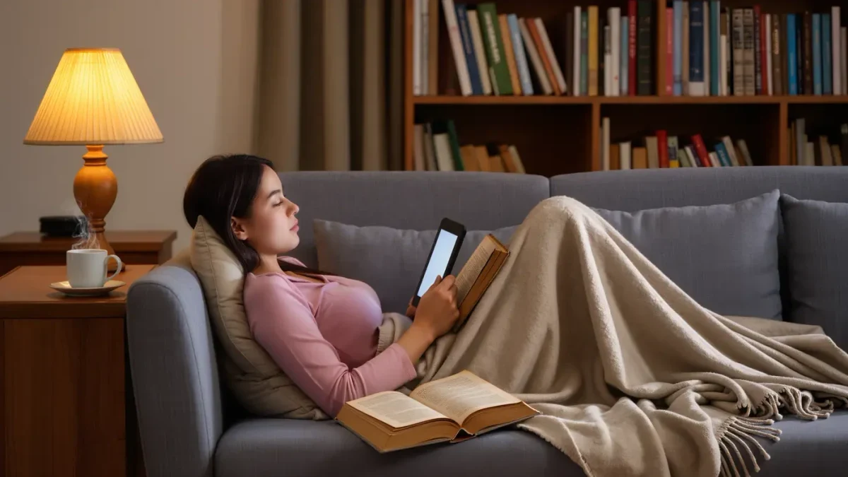 Reader on a couch opens an older series title on an e-reader