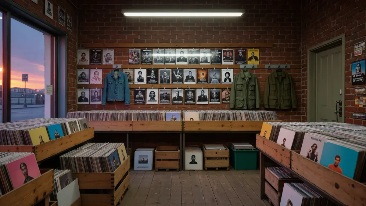 Empty underground record shop interior with crates of vinyl and pinned flyers