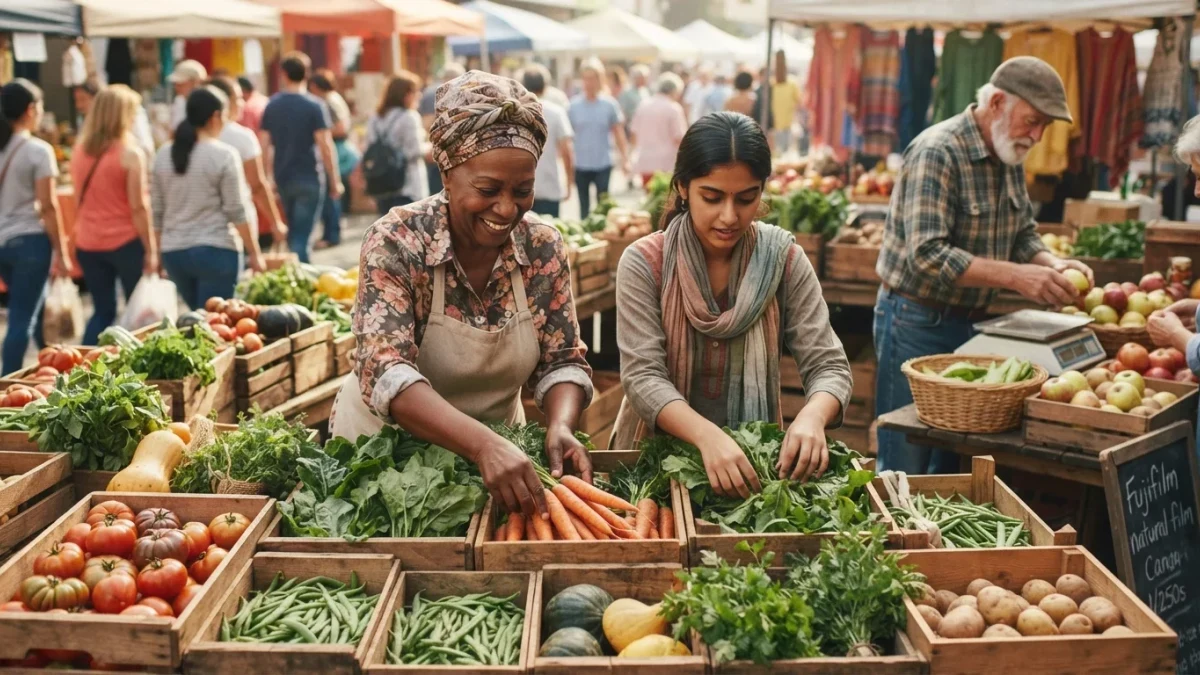 Vendors arrange varied produce crates at a busy open-air farmers market