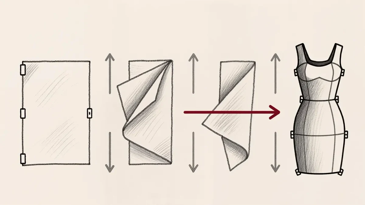 Infographic of a flat fabric sheet unfolding into a dress through four stages