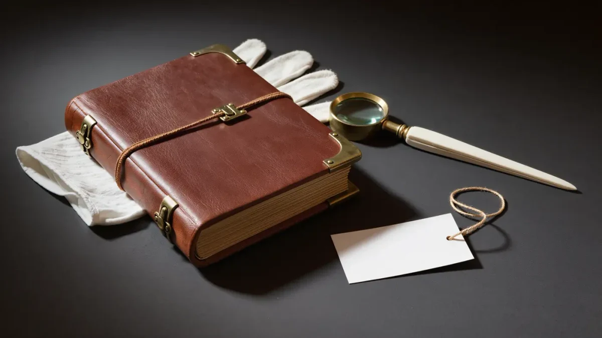 Closed blind-tooled codex with brass clasps beside a loupe and glove