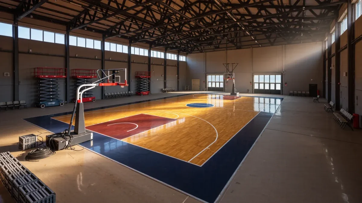 Tournament hardwood floor panels being assembled inside an empty arena