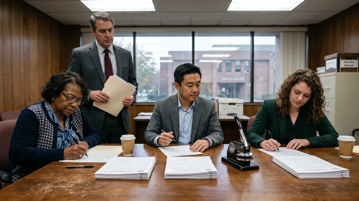 County canvass board members signing certification documents