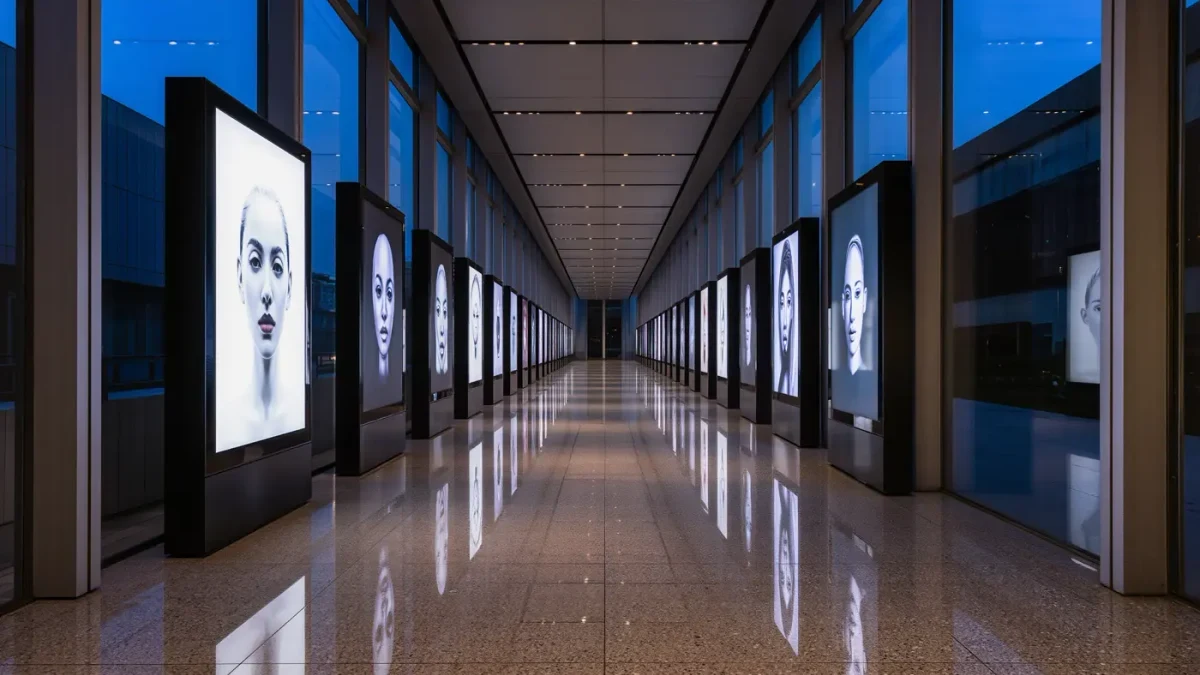 Empty retail corridor with glowing storefront screens at dusk
