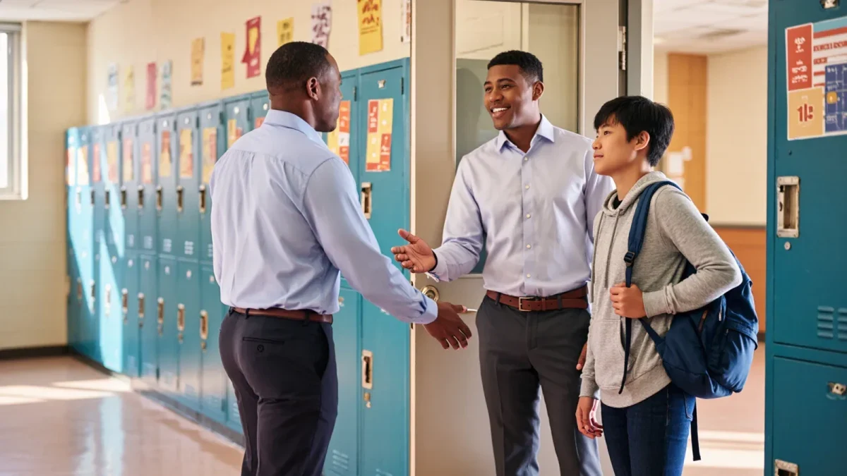 Teacher warmly welcoming a teenage student at a classroom door